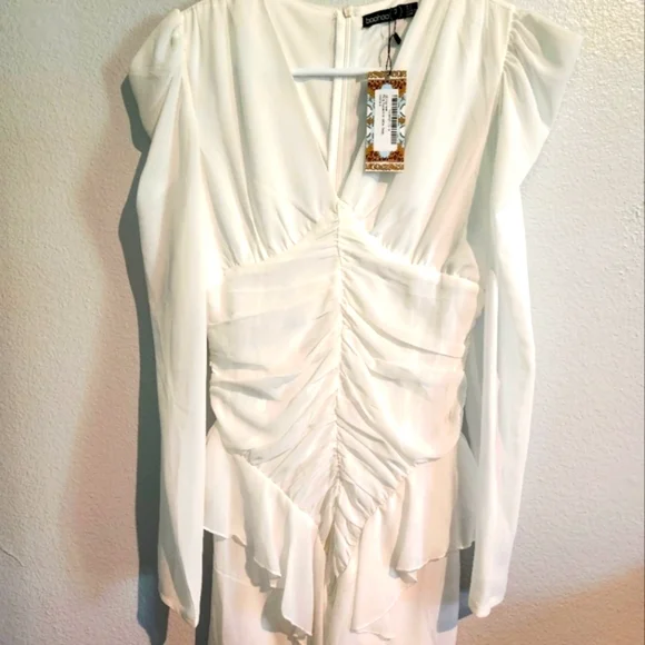 boohoo white ruched dress White Mesh Cup Detail Ruched Mini Dress